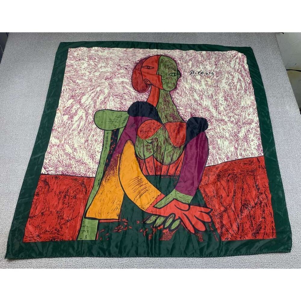Vintage Picasso Print Scarf "Woman in chair" Graphic Green Multi Color Signature